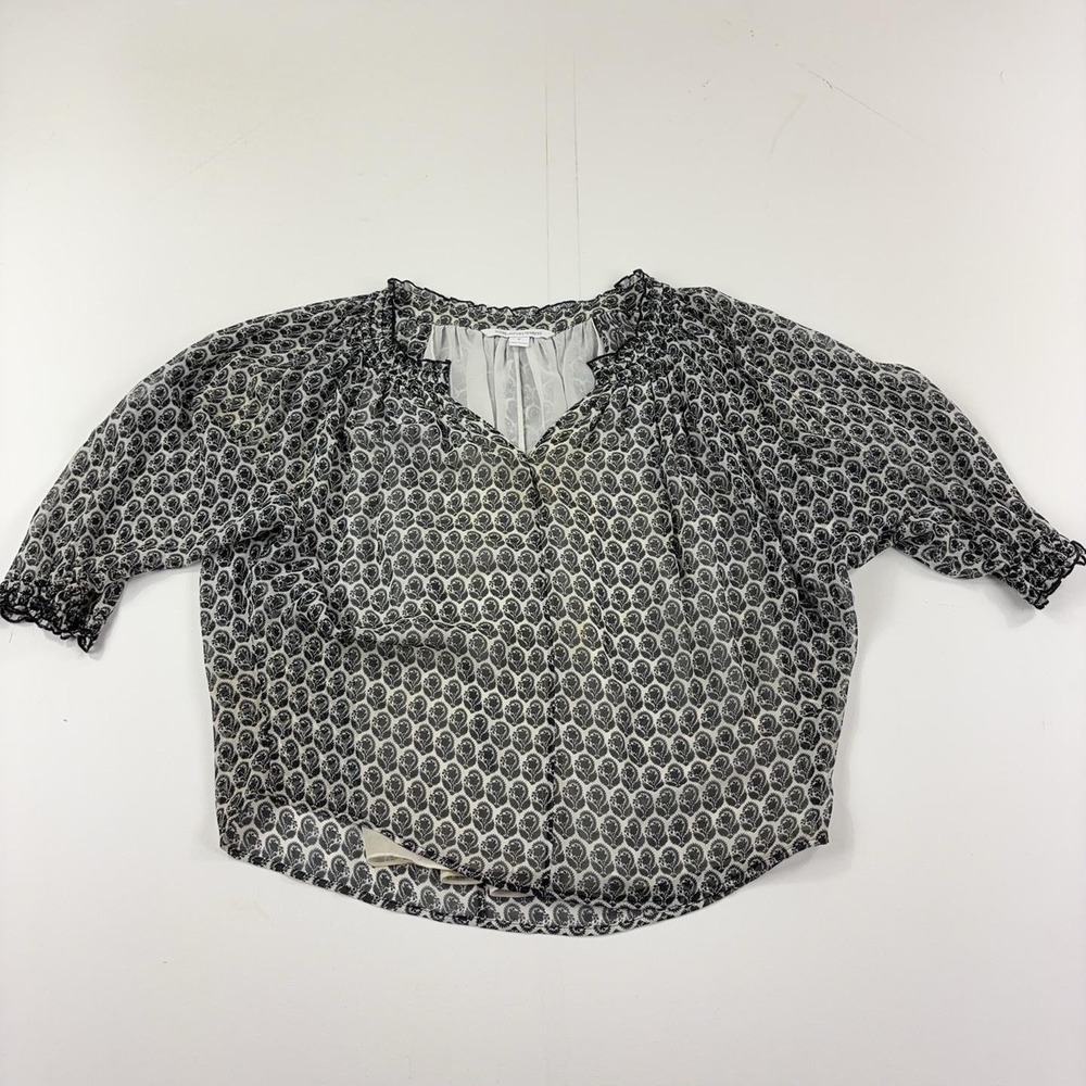 Diane Von Furstenberg Blouse Womens 6 Black Floral V-Neck 3/4 Sleeve Sheer Top
